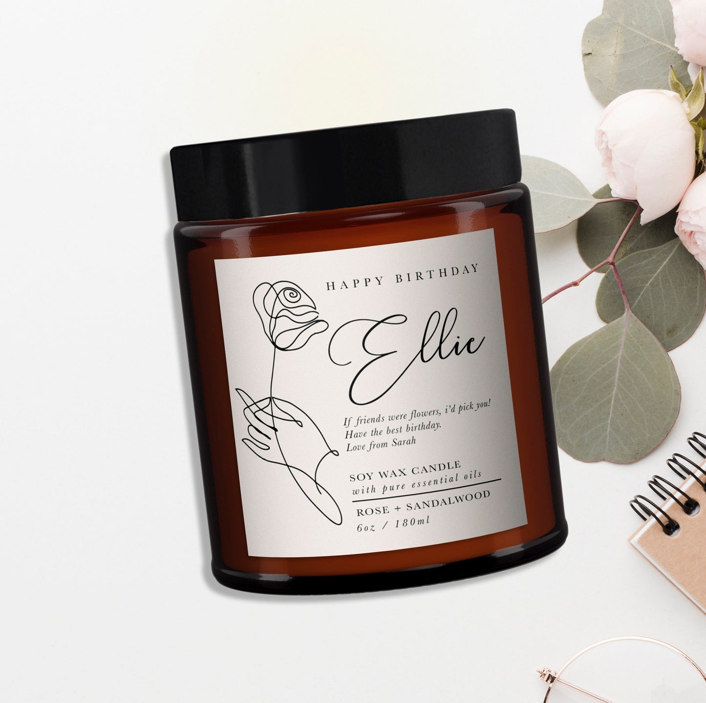 Personalised Birthday Candle, Flower, Pure essential oil, Soy Wax Candle, Message Candle, Gift for Best Friend