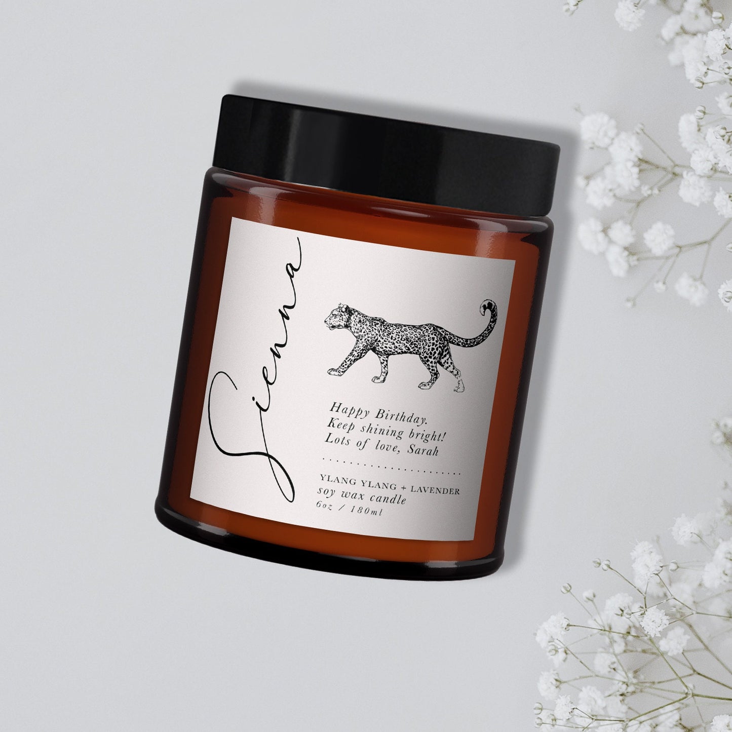 Leopard Personalised Candle Aromatherapy Gift, Birthday Gift for Her, Pure Essential oil candle, Leopard gifts, Leopard lover, Candle Lover