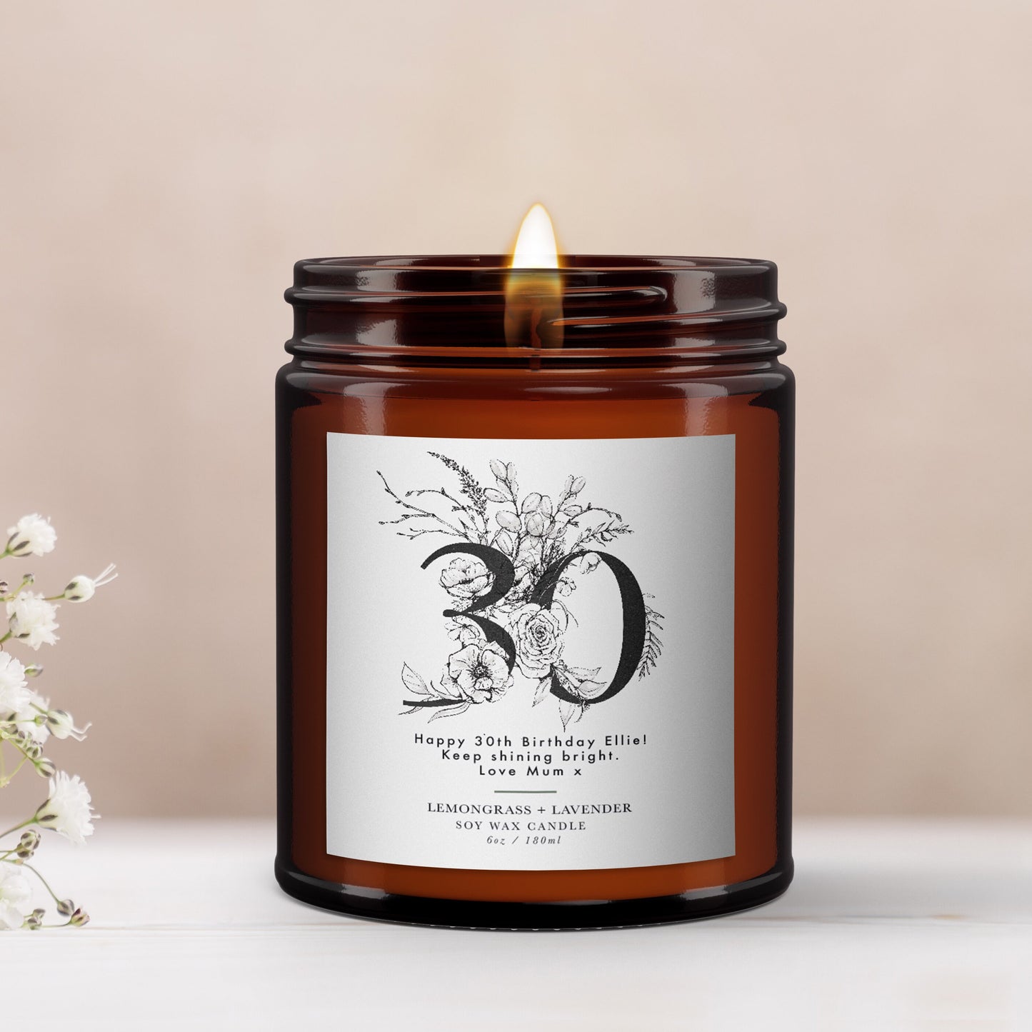 30th Birthday Gift Floral Personalised Candle, Birthday Gift for Friend, Birthday Gift for Her, Wellbeing Gift, Aromatherapy Candle Gift
