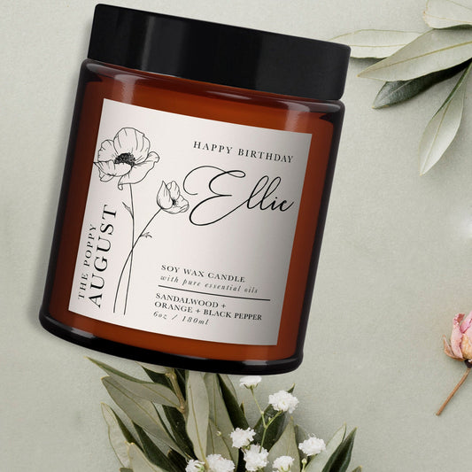 Personalised August Birth Flower Aromatherapy Candle Gift, All Natural, Essential Oils, Birthday Gift for Friend, Birthday Gift for Her