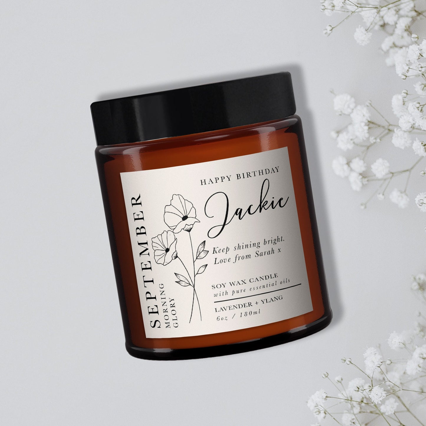 September Birth Flower Personalised Candle, September birthday, Morning glory, Pure essential oil soy wax candle, message candle,