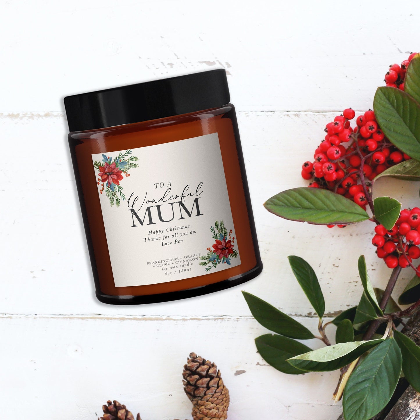 Wonderful Mum Personalised Christmas Candle, Gift for Mum, Mum Christmas Gift, Pure essential oil soy wax candle, Christmas candle