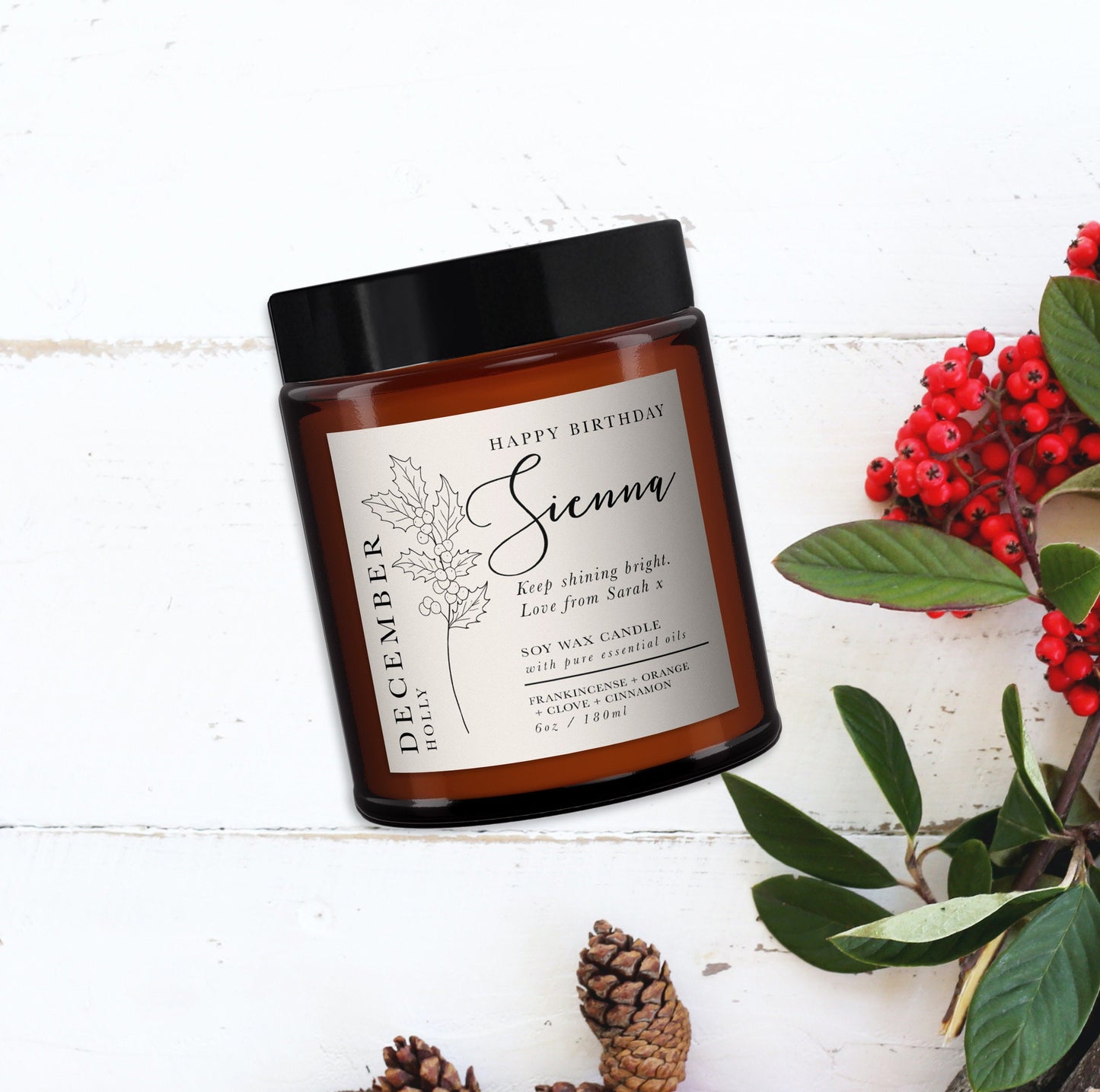 December Birth Flower Personalised Aromatherapy Candle Gift, Wellbeing Gift, Birthday Gift for Friend, Birthday Gift for Her