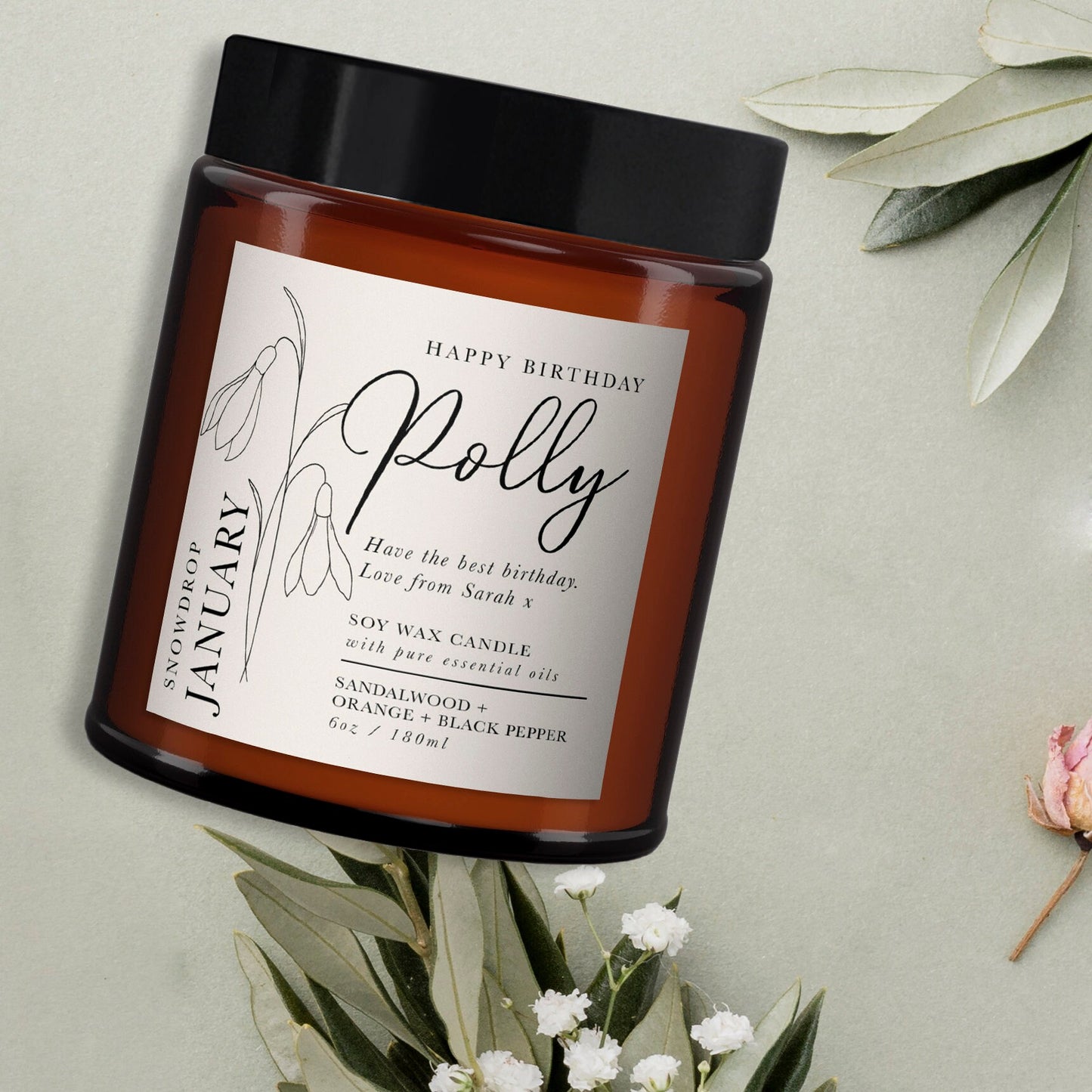 January Birth Flower Personalised Aromatherapy Candle, Snowdrop, Pure essential oil soy wax candle, January gift, Birthday Gift for Her