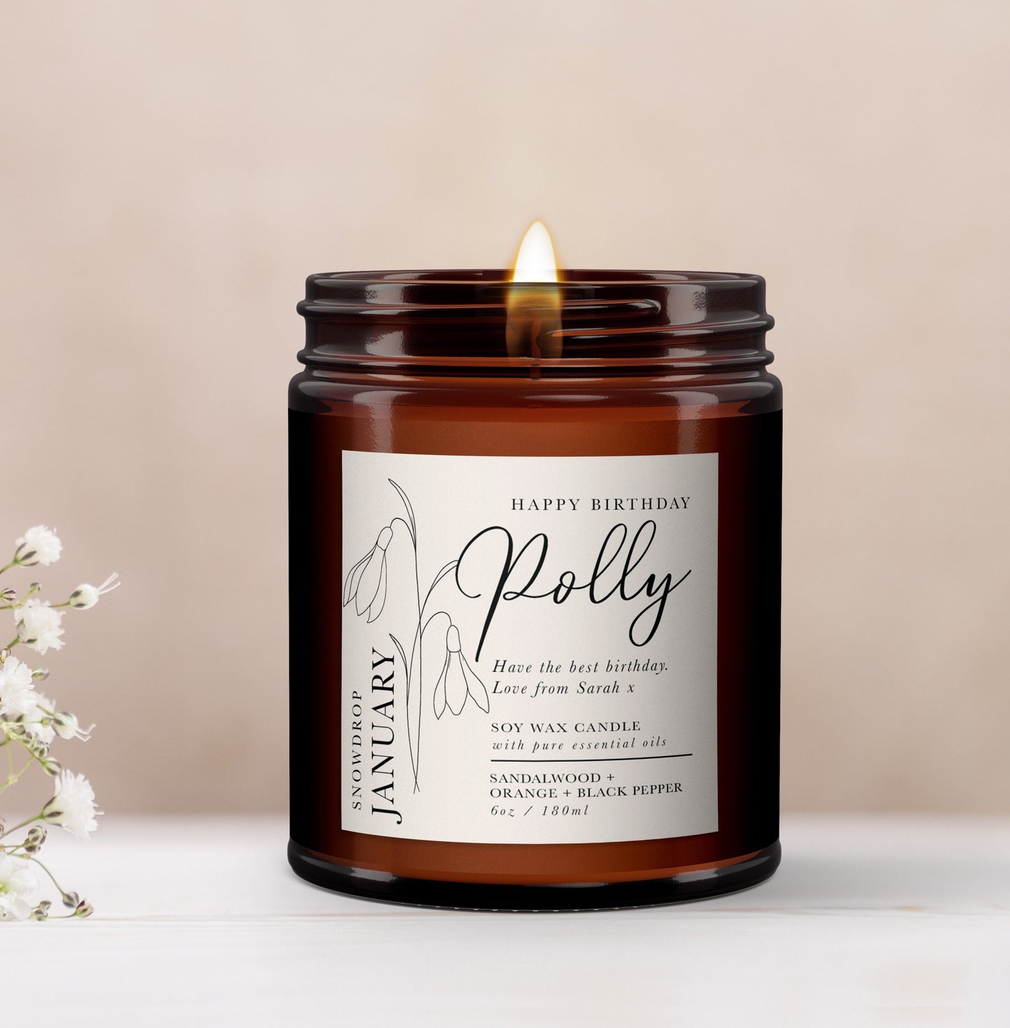 January Birth Flower Personalised Aromatherapy Candle, Snowdrop, Pure essential oil soy wax candle, January gift, Birthday Gift for Her