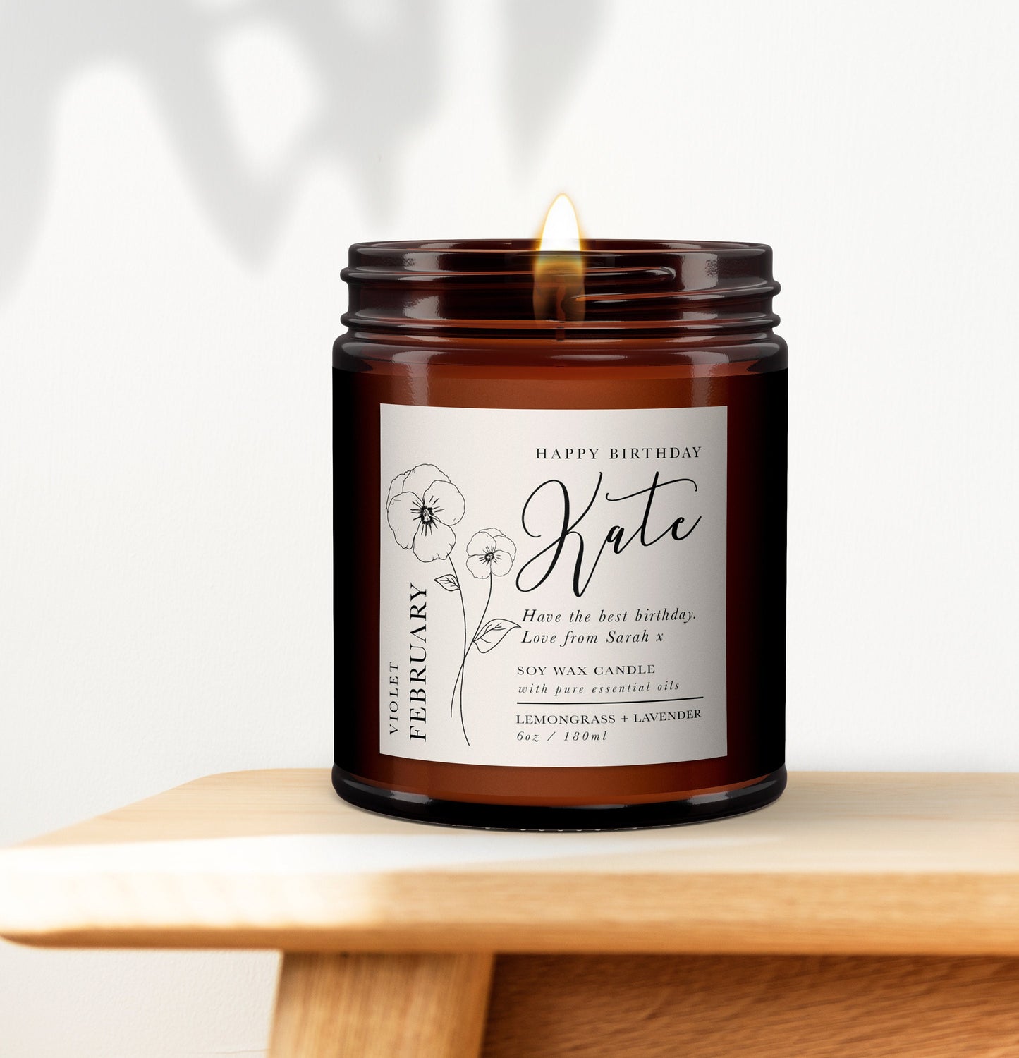 February Birth Flower Personalised Candle, February birthday gift, Violet, Pure essential oil soy wax candle, Birthday Gift for Her