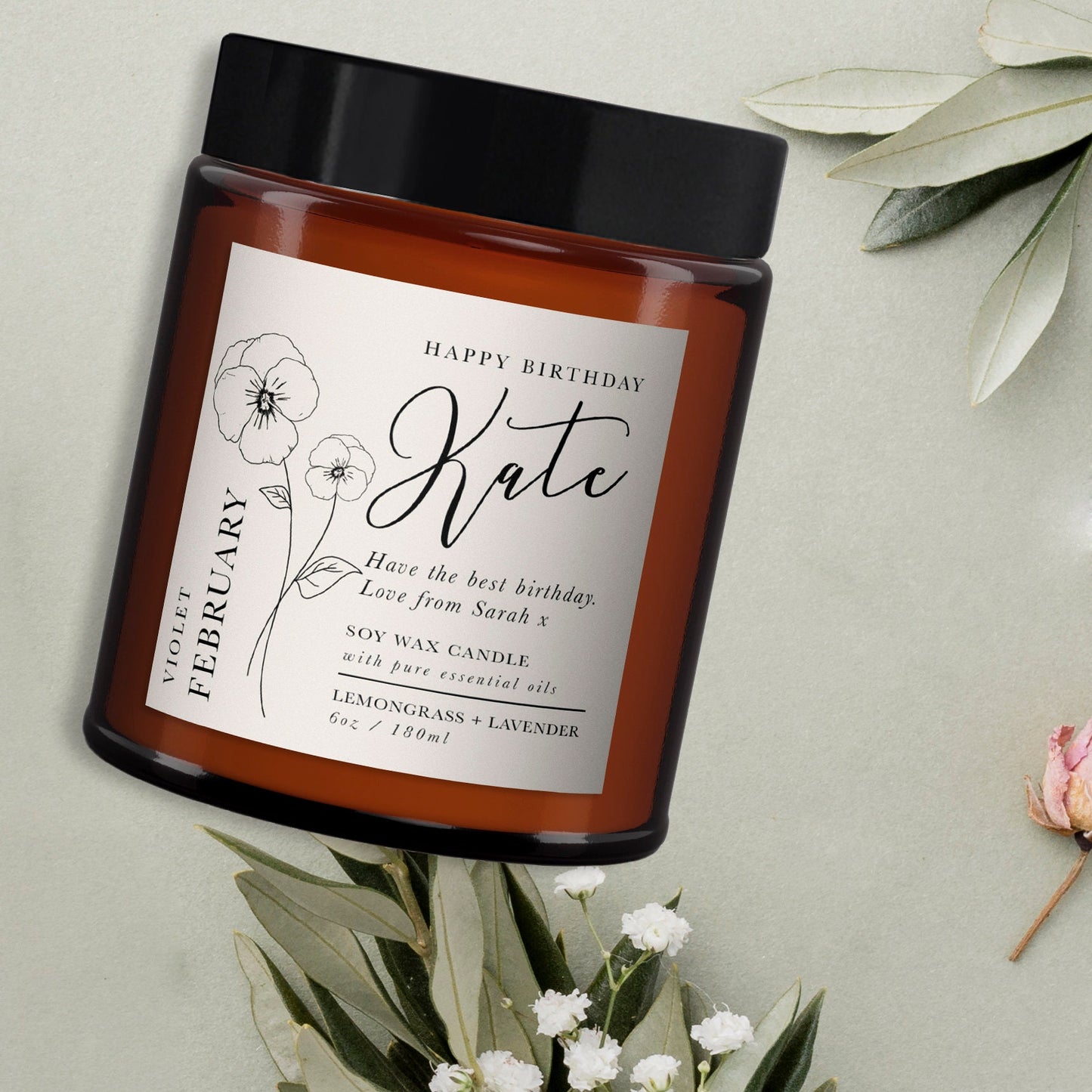 February Birth Flower Personalised Candle, February birthday gift, Violet, Pure essential oil soy wax candle, Birthday Gift for Her