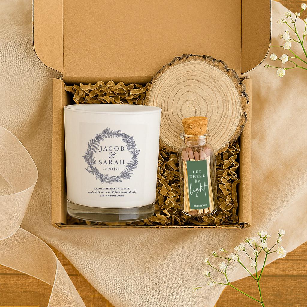 Personalized Wedding Candle Gift Set: Botanical Wreath, Soy Wax, Matches & Gift Box