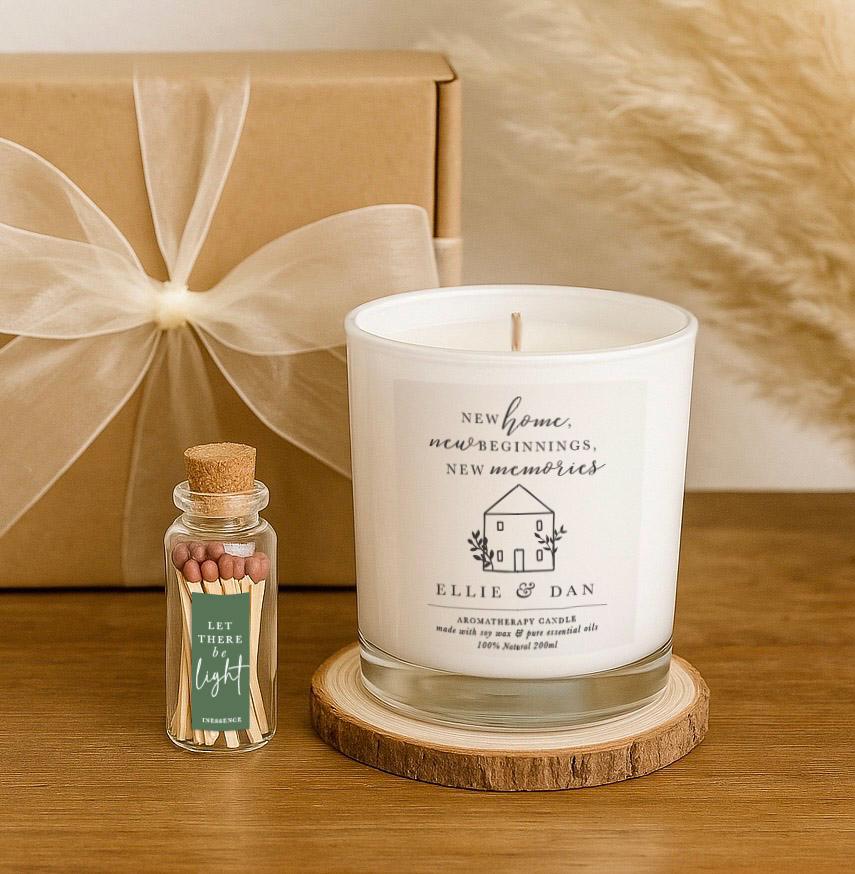 Personalised New Home Candle Gift, Housewarming Gift Set with Matches & Gift Box, Giftwrapped, Natural Aromatherapy Soy Candle