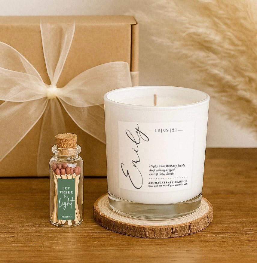 Personalized Birthday Candle Gift Set: Soy Aromatherapy, Gift Box & Matches