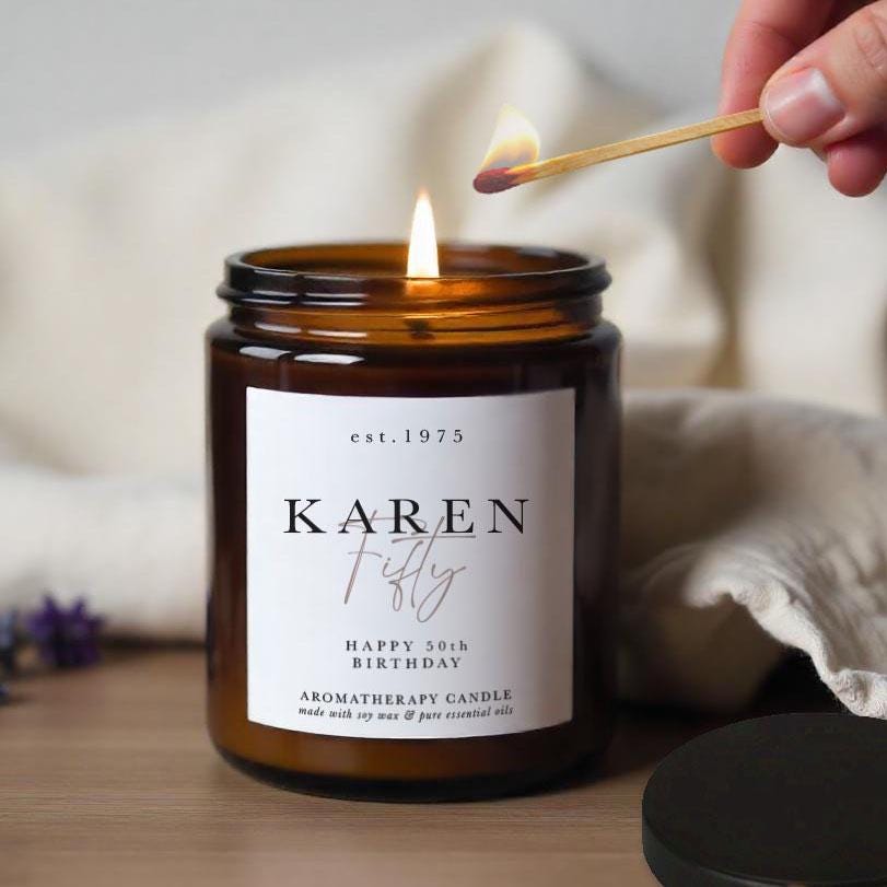 Personalised 50th Birthday Candle: Luxury Essential Oil Soy Wax Candle Gift
Personalised with year of birth, name and message.