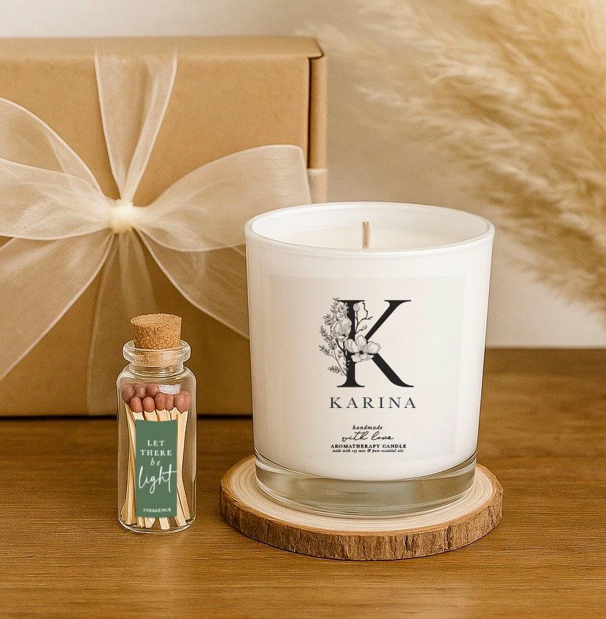 Personalised Name Aromatherapy Candle Birthday - Thank You Gift – Initials & Name – Natural Aromatherapy Soy Candle Gift Box with Matches