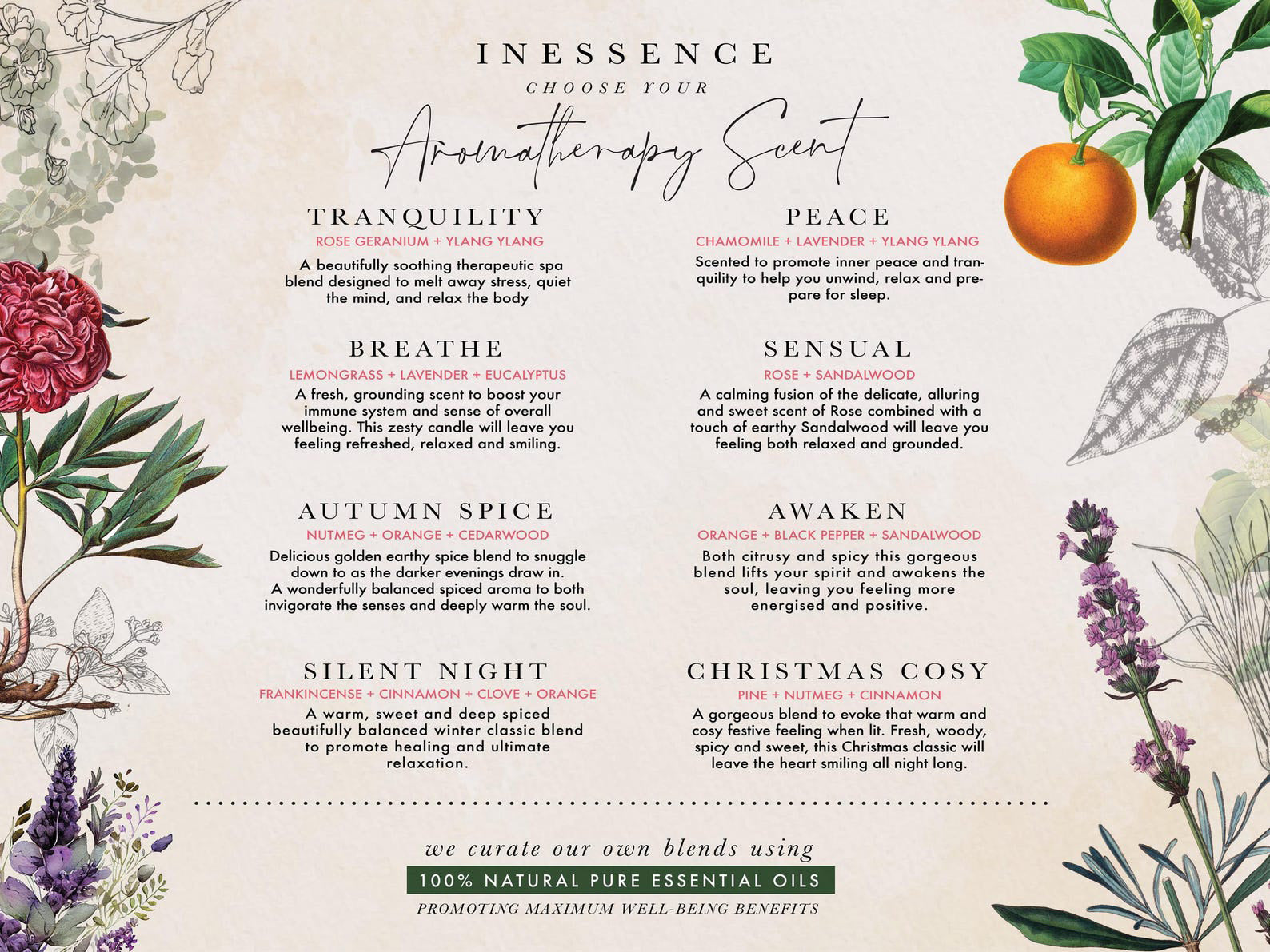 The image is a visually appealing advertisement for a line of natural essential oils, featuring a variety of scents and blends. The ad showcases a selection of essential oils, including Rose Geranium Ylang, Peace, Tranquil, Lemon Grass, Lavender, Peace, Breathe, Sensual, Autumn Spice, Awaken, Silent Night, Christmas Cosy, and Silent Night. The ad also highlights the ability to create your own blends using these oils, emphasizing the 100% natural, pure, and beneficial nature of the products.