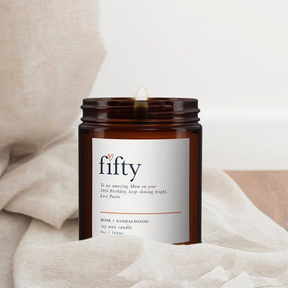 Personalised 50th Birthday Aromatherapy Candle Gift, Birthday Gift for Auntie, Friend, Birthday Gift for Her, All Natural, 50th