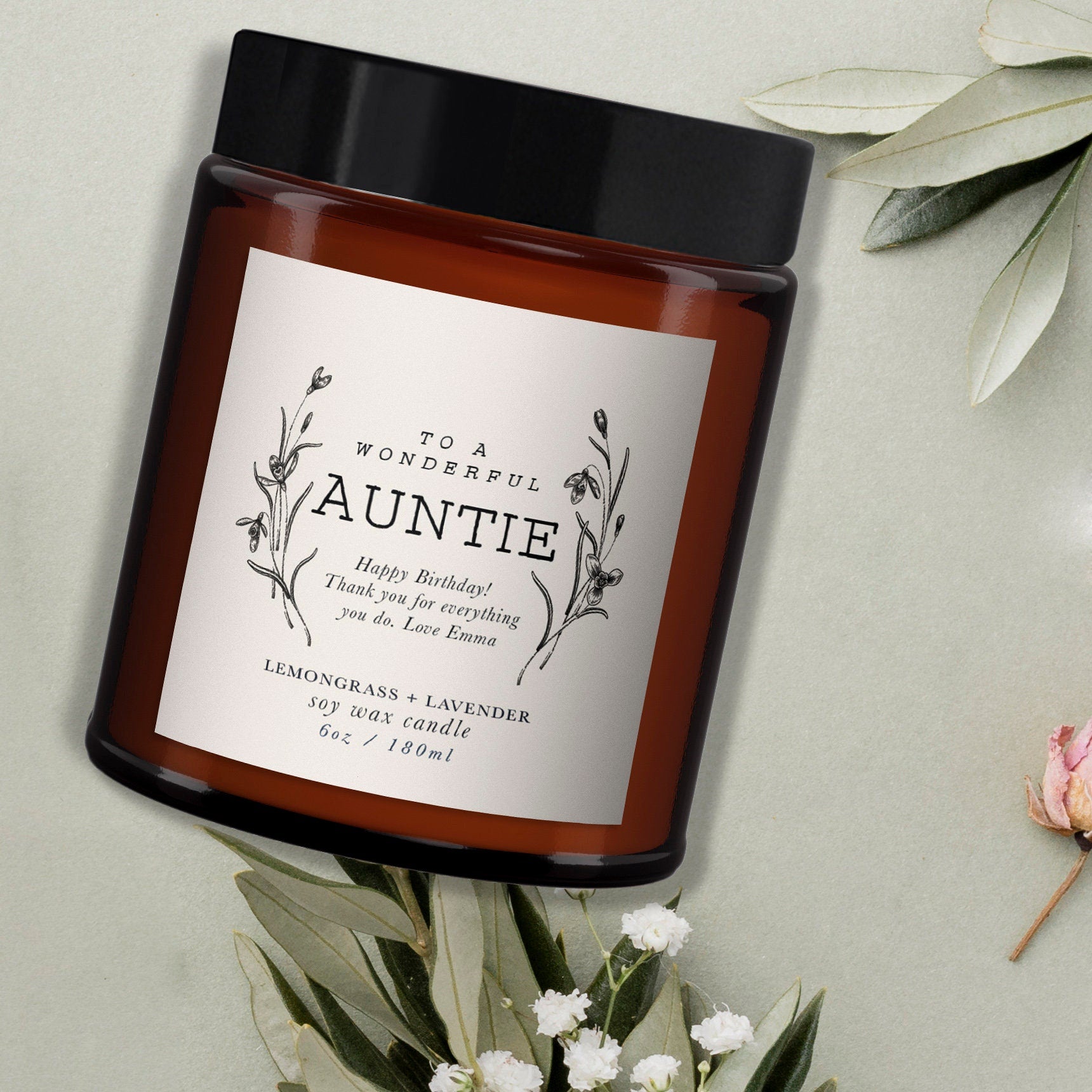 Wonderful Auntie Personalised Candle, Gift for Auntie, Auntie Birthday Gift, Pure essential oil soy wax candle, message candle