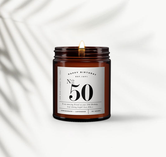 Personalised 50th Birthday Aromatherapy Candle, 50th Birthday gift, Candle, Mum, Gift for Friend, Birthday Gift for Her