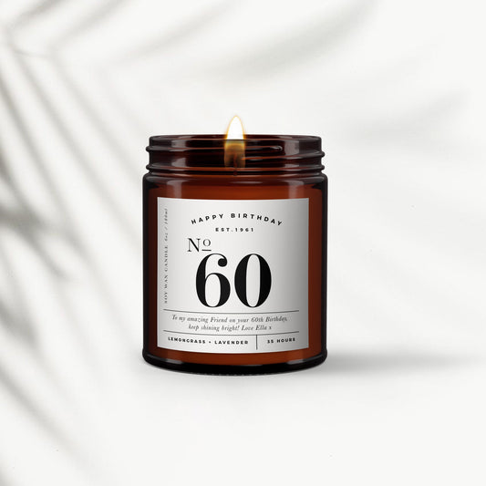 60th Birthday gift, Personalised Aromatherapy Candle, special gift, friend, essential oil, soy wax, message candle, 60th gift