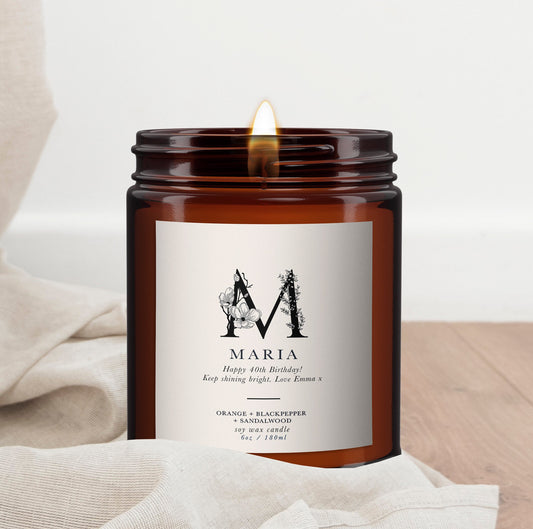 Personalised Initial Botanical Candle, Pure essential oils, Soy wax, Corporate gifts, Keepsake Gift, Birthday, Favours, Custom Candle