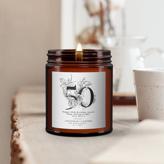 50th Birthday Personalised Aromatherapy Candle Gift, Fifty Gift, Vintage, Birthday Gift for Friend, Essential Oils, Soy Wax, Vegan