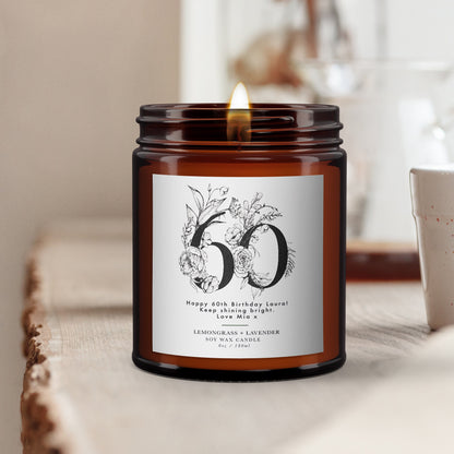 60th Birthday Personalised Botanical Aromatherapy Candle Gift, Wellbeing Gift, Birthday Gift for Friend, Birthday Gift for Her