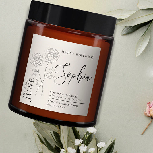 Birth Flower June Personalised Aromatherapy Candle, Birthday Gift for Friend, Gift for her, Pure Essential Oils, Soy Wax, Unique Gift