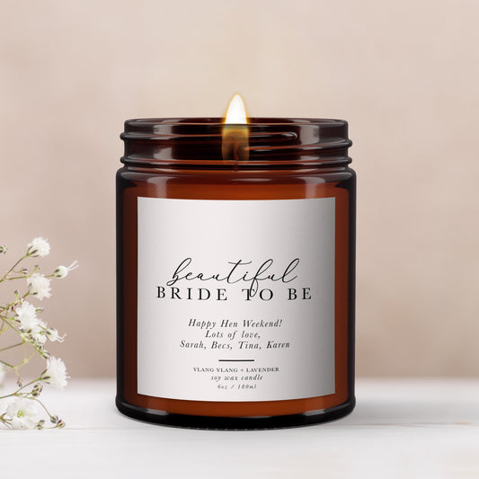 Bride to be Personalised Candle Gift, Gift for Bride to be, Beautiful Bride, Hen party gift, Bridal Shower Gift, Pure Essential Oil Candle,