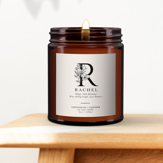 Personalised Initial Botanical Aromatherapy Candle, Birthday Gift for Friend, Gift for her, Pure Essential Oils, Soy Wax, Unique Gift