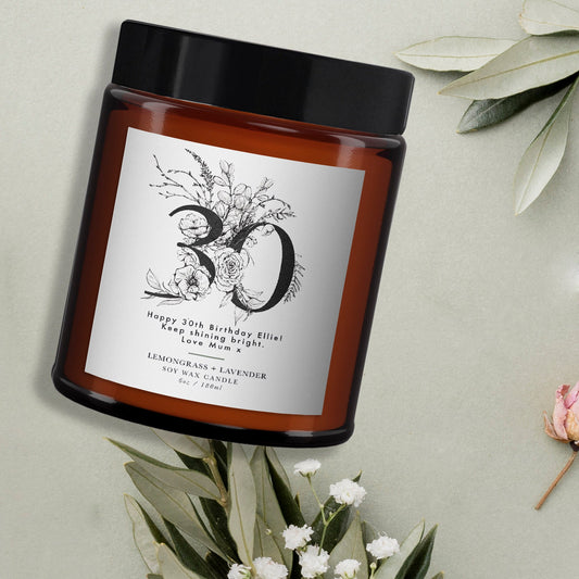 30th Birthday Gift Floral Personalised Candle, Birthday Gift for Friend, Birthday Gift for Her, Wellbeing Gift, Aromatherapy Candle Gift