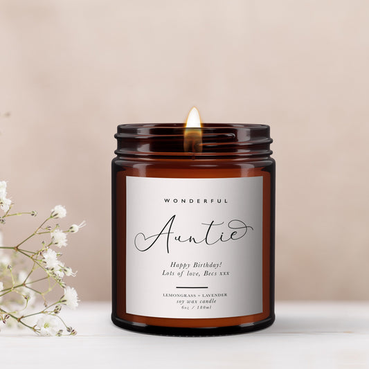 Wonderful Auntie Personalised Candle, Gift for Auntie, Aunt Birthday Gift, Pure essential oil soy wax candle, message candle