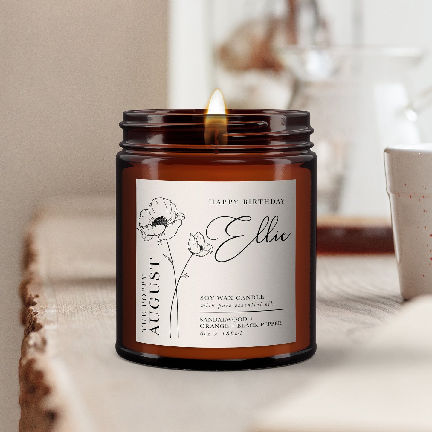 Personalised August Birth Flower Aromatherapy Candle Gift, All Natural, Essential Oils, Birthday Gift for Friend, Birthday Gift for Her