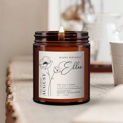 Personalised August Birth Flower Aromatherapy Candle Gift, All Natural, Essential Oils, Birthday Gift for Friend, Birthday Gift for Her