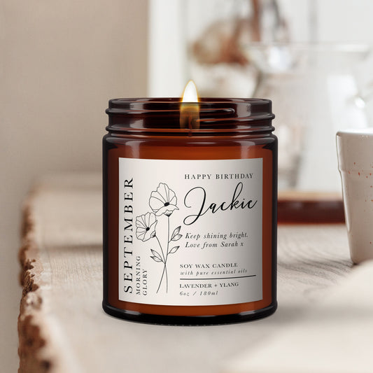September Birth Flower Personalised Candle, September birthday, Morning glory, Pure essential oil soy wax candle, message candle,