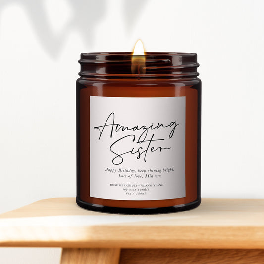 Amazing Sister Personalised Candle Gift, Pure essential oil soy wax candle, Amazing sister gift, gift for sister