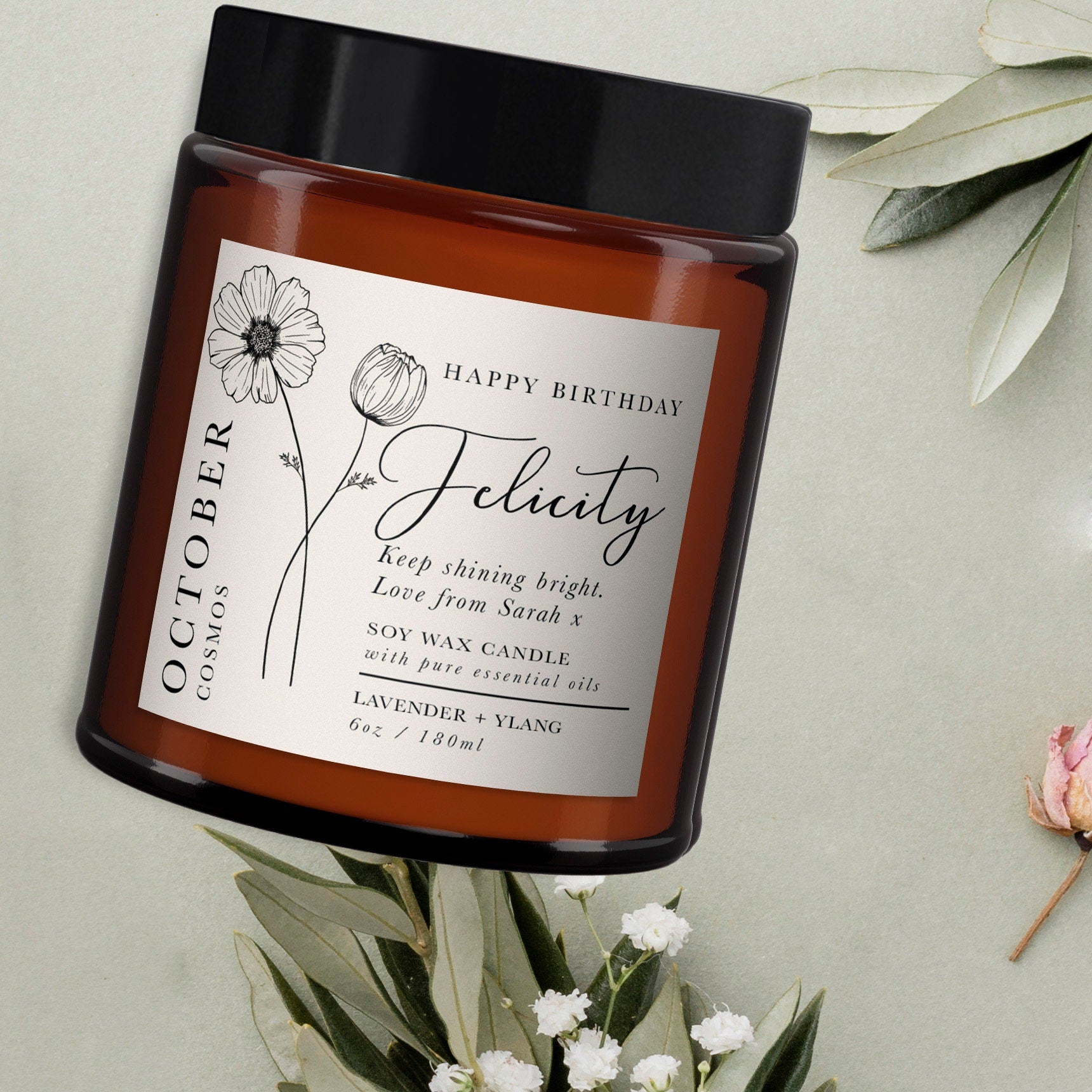 Birthday Gift for Her, Personalised Birth Flower Gift for Friend, Apothecary Birthday Candle, Pure essential oil soy wax candle