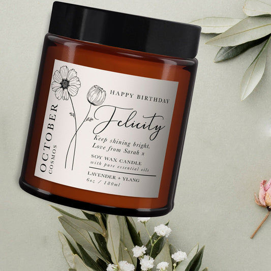 Birthday Gift for Her, Personalised Birth Flower Gift for Friend, Apothecary Birthday Candle, Pure essential oil soy wax candle