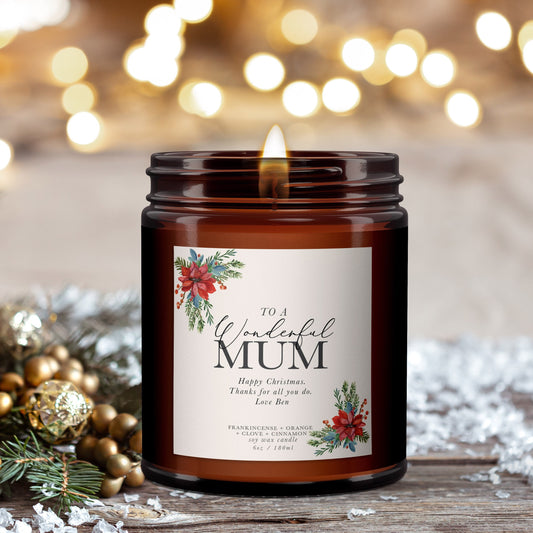 Wonderful Mum Personalised Christmas Candle, Gift for Mum, Mum Christmas Gift, Pure essential oil soy wax candle, Christmas candle