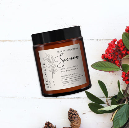 December Birth Flower Personalised Aromatherapy Candle Gift, Wellbeing Gift, Birthday Gift for Friend, Birthday Gift for Her