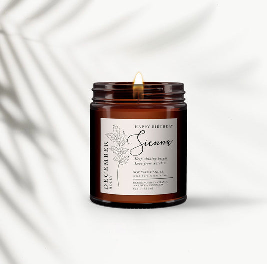 December Birth Flower Personalised Aromatherapy Candle Gift, Wellbeing Gift, Birthday Gift for Friend, Birthday Gift for Her