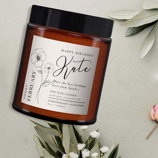 February Birth Flower Personalised Candle, February birthday gift, Violet, Pure essential oil soy wax candle, Birthday Gift for Her