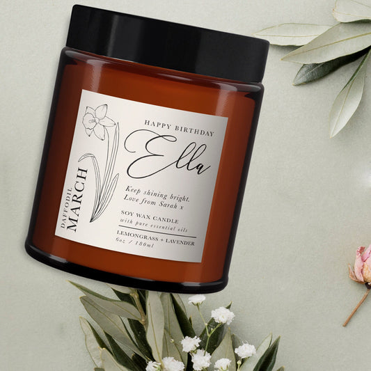 Birth Flower March Personalised Aromatherapy Candle Gift for Her, Birthday Gift for Friend, Gift for her, Pure Essential Oils, Soy Wax