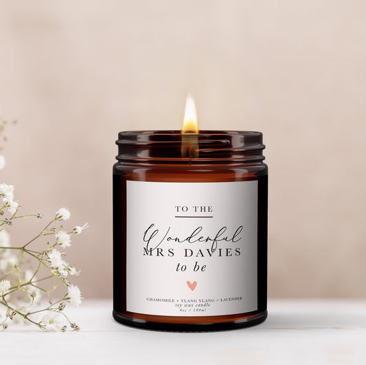 Bride to be Personalised Candle Gift, Gift for Bride to be, Any Surname, Hen party gift, Bridal Shower Gift, Fiance, Essential Oil Candle,
