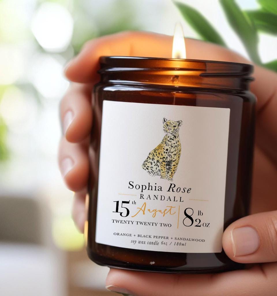 Personalised New Baby Birth Gift | Name & Birth Date Candle | New Baby Gift | Leopard Design Candle | Keepsake Baby Candle | All Natural