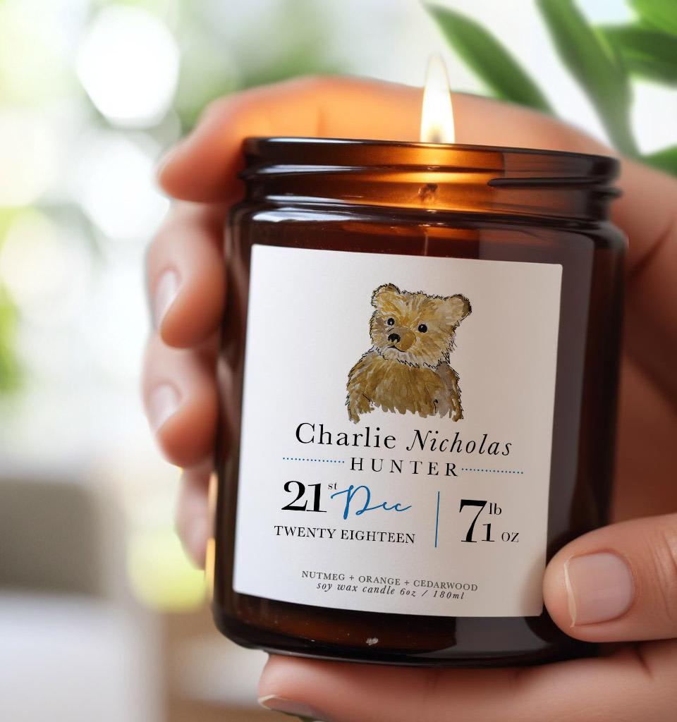 New Baby Personalised Birth Gift | Name & Birth Date Candle | New Baby Gift | Bear Candle | Keepsake Baby Candle | All Natural | New Mum