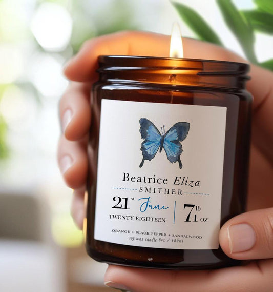 New Baby Personalised Birth Gift | Name & Birth Date Candle | New Baby Gift | Butterfly | Keepsake Baby Candle | All Natural | New Mum