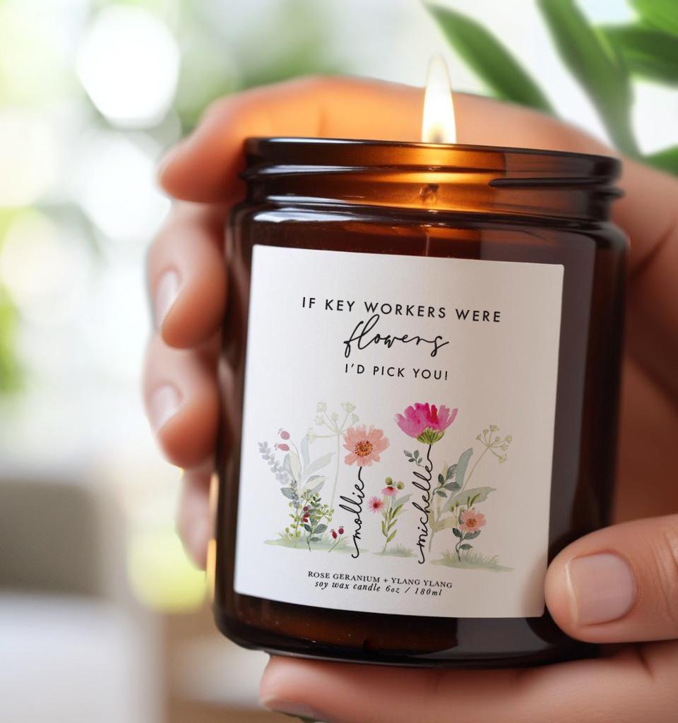 Gift for nursery key worker, Thank you candle gift for nursery teacher, Personalised Aromatherapy Candle for Nursery Assistant