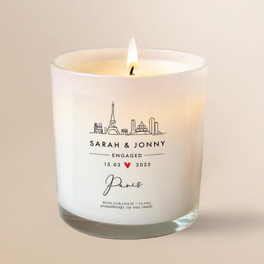Paris Personalised Engagement Candle Gift for Couple, Unique Engagement Present, Essential Oil Soy wax Aromatherapy Candle, Paris skyline, Eiffel tower