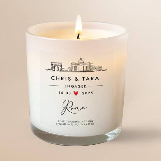 Rome Engagement Candle Gift for Couple, Personalised Engagement gift, Unique Engagement Present, Essential Oil Soy wax Aromatherapy Candle, Rome Skyline Gift, Rome inspired engagement gift