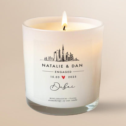 Dubai Engagement Candle Gift for Couple, Personalised Engagement gift, Unique Engagement Present, Essential Oil Soy wax Aromatherapy Candle, Dubai  Skyline Gift, Rome inspired engagement gift