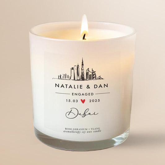Dubai Engagement Candle Gift for Couple, Personalised Engagement gift, Unique Engagement Present, Essential Oil Soy wax Aromatherapy Candle, Dubai  Skyline Gift, Rome inspired engagement gift