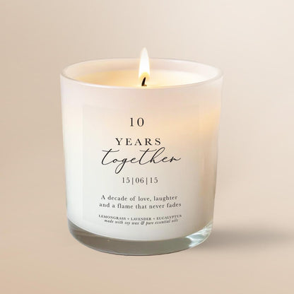 10 years together Personalised 10 Year Anniversary Candle Gift for couple, Wedding anniversary gift for her Pure essential oil soy wax aromatherapy candle
